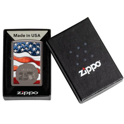 Zippo America250 Flag Design Black Ice Windproof Lighter in its packaging.