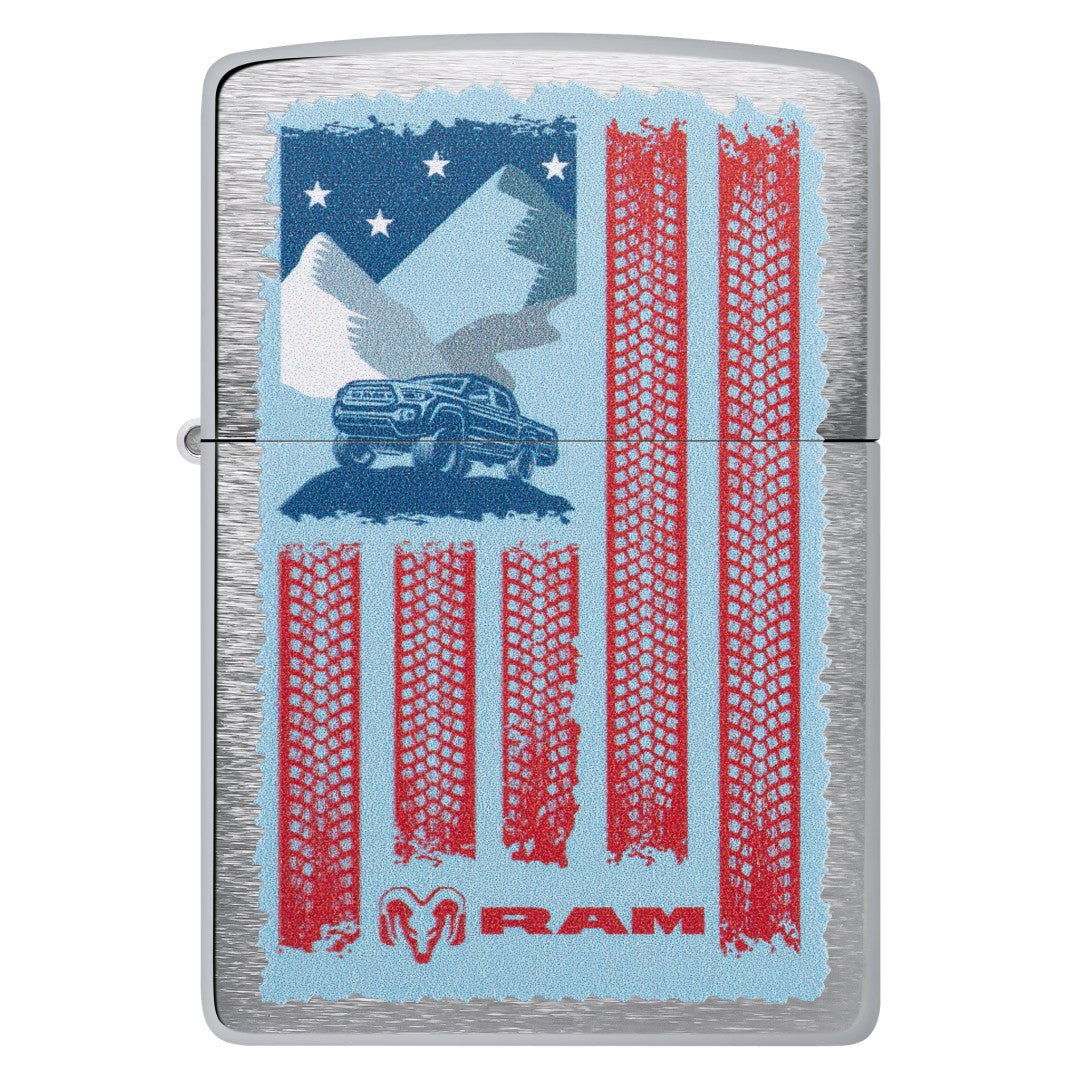 Front view of Zippo RAM Flag Design Brushed Chrome Windproof Lighter.