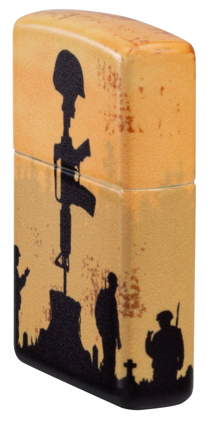 Angled shot of  Zippo 2025 Veterans Day Commemorative 540 Matte Windproof Lighter showing the front and right sides of the lighter.