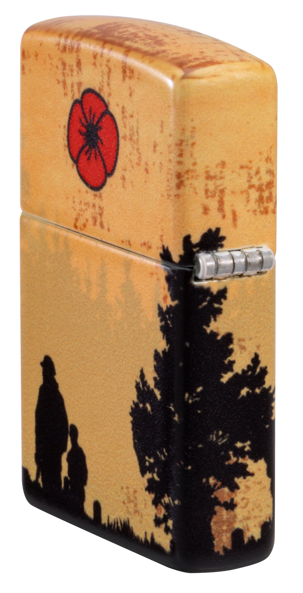 Angled shot of  Zippo 2025 Veterans Day Commemorative 540 Matte Windproof Lighter showing the back and hinge sides of the lighter.