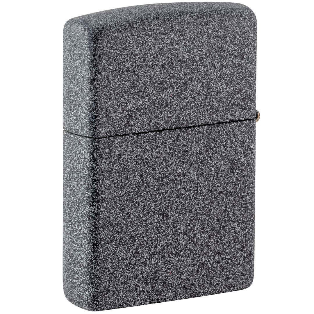 Back view of Zippo Flame Tattoo Design Iron Stone Windproof Lighter standing at a 3/4 angle.