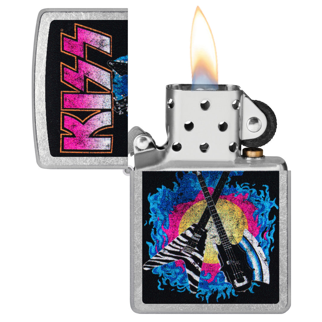 Zippo KISS® Axe Bass Design Street Chrome Windproof Lighter with its lid open and lit.