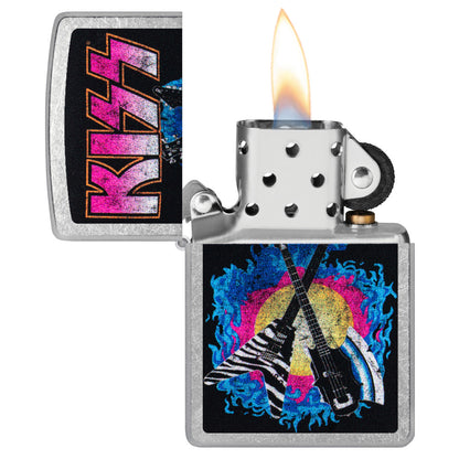 Zippo KISS® Axe Bass Design Street Chrome Windproof Lighter with its lid open and lit.