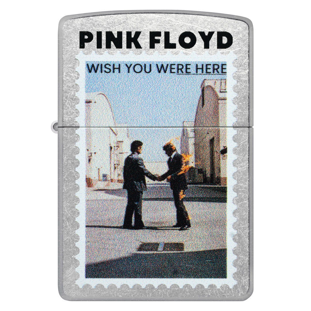 Front view of Zippo Pink Floyd Wish You Were Here Design Street Chrome Windproof Lighter.