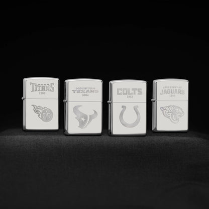 Four Zippo lighters with sports team logos on a black background