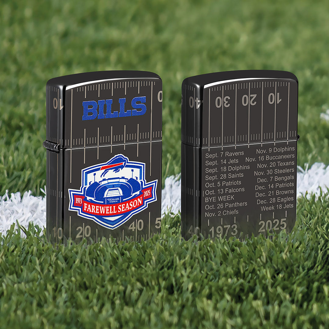 Bills farewell season design lighters on football turf background.