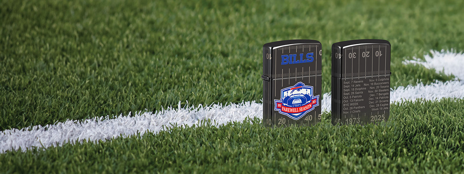Bills Farewell Season Zippo Lighter on a football field background.