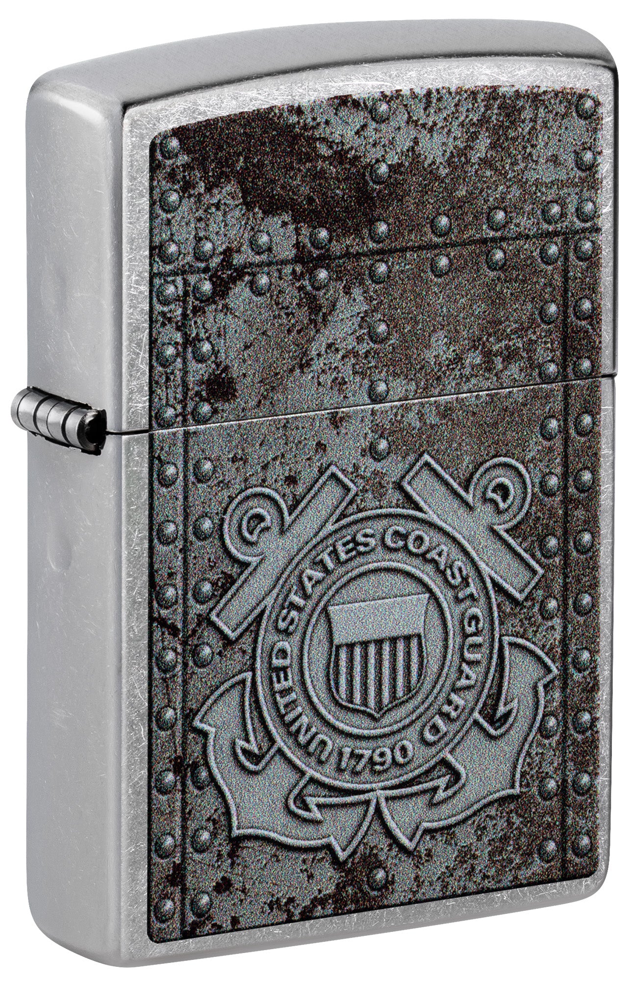 Front shot of U.S. Coast Guard Windproof Lighter standing at a 3/4 angle.