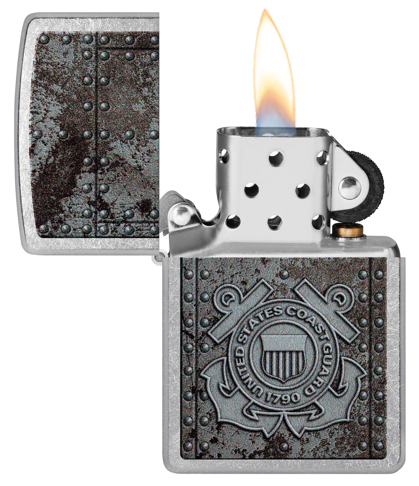 Zippo U.S. Coast Guard Windproof Lighter with its lid open and unlit.