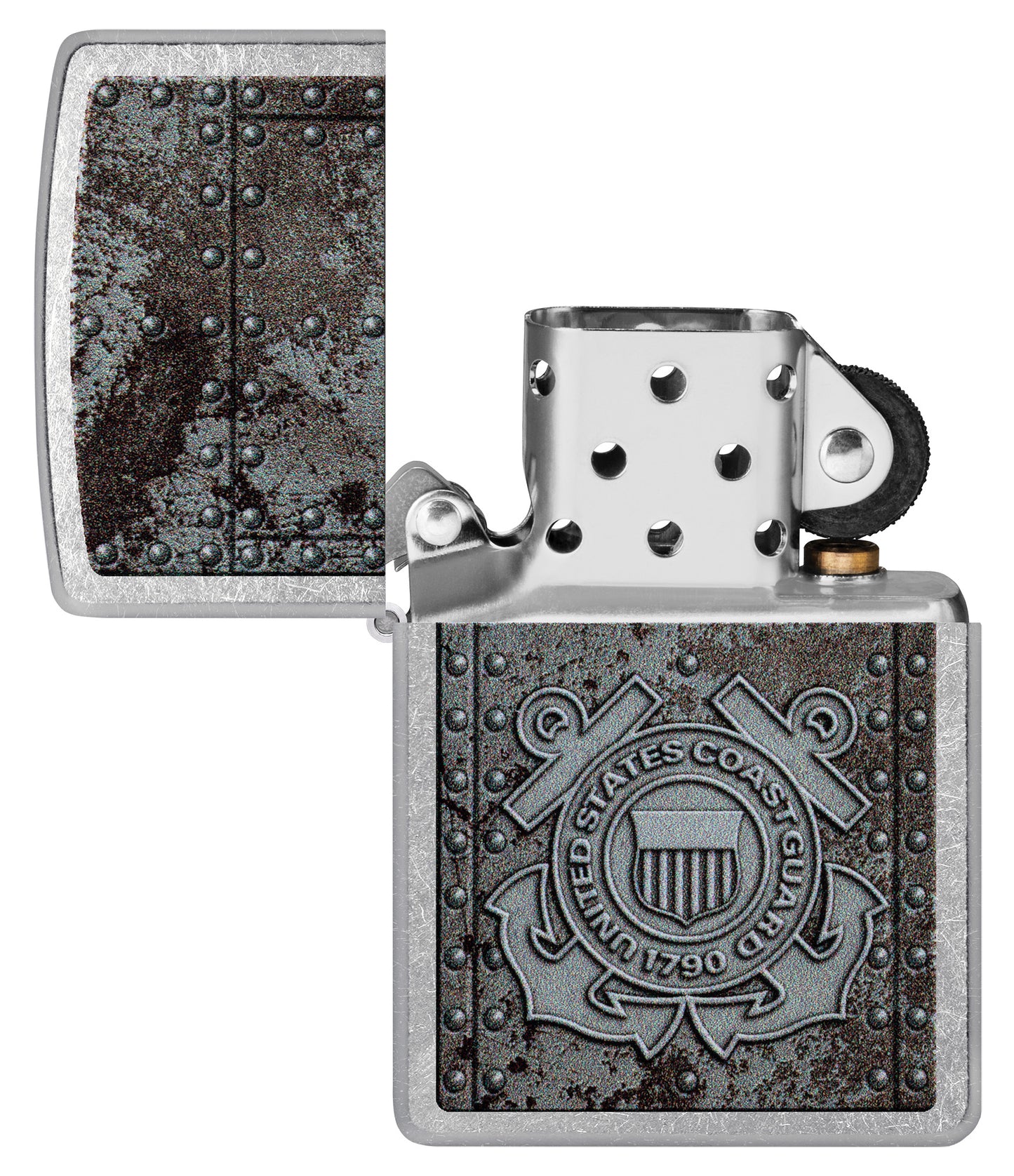 Zippo U.S. Coast Guard Windproof Lighter with its lid open and lit.