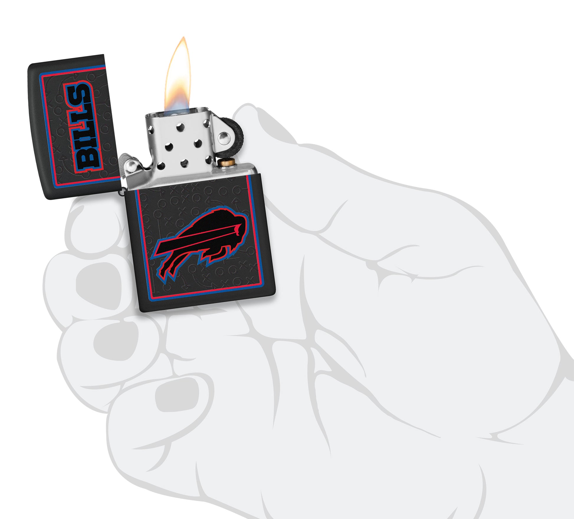 NFL Buffalo Bills Windproof Lighter lit in hand.