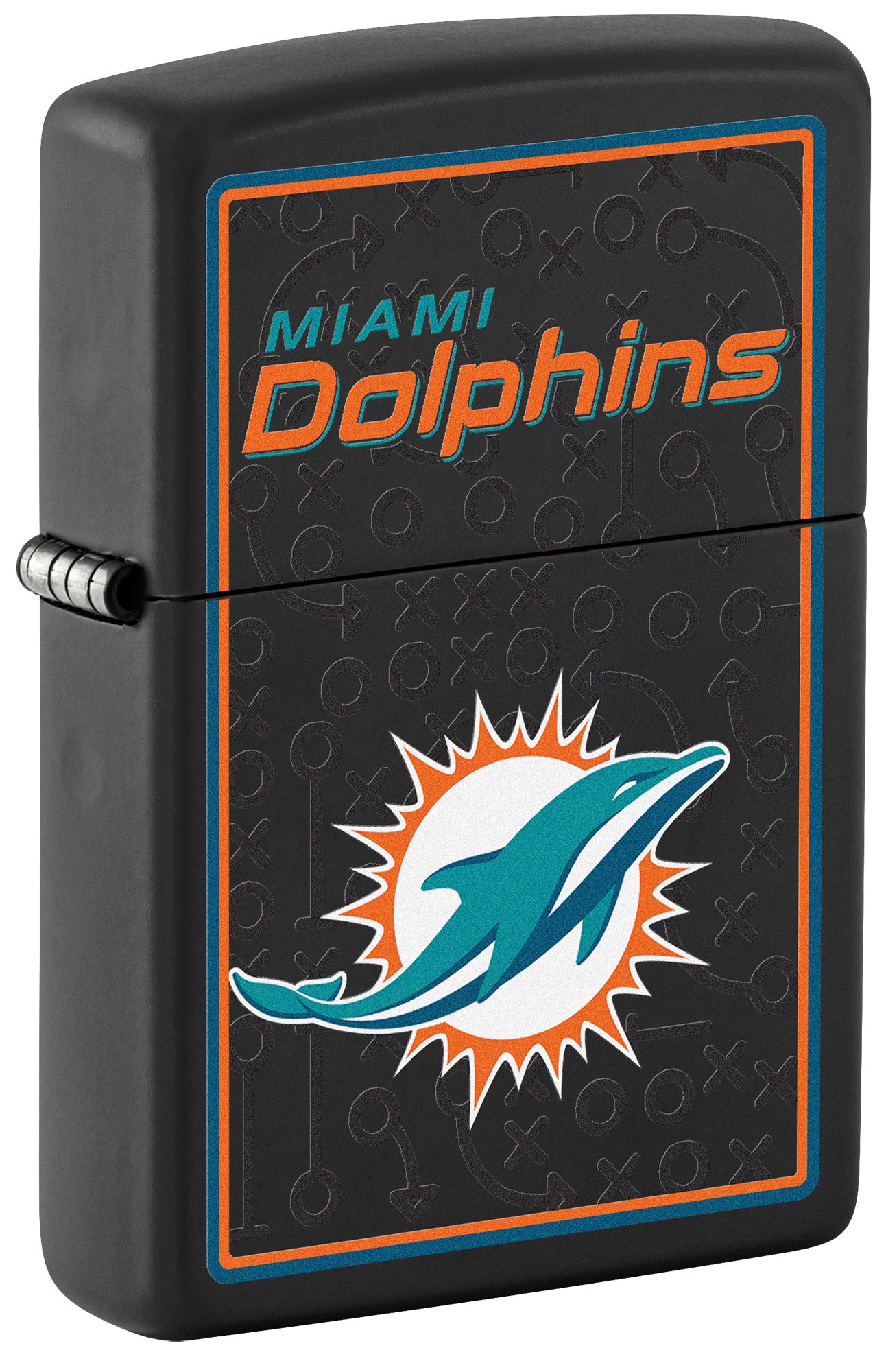 Front shot of NFL Miami Dolphins Windproof Lighter standing at a 3/4 angle.