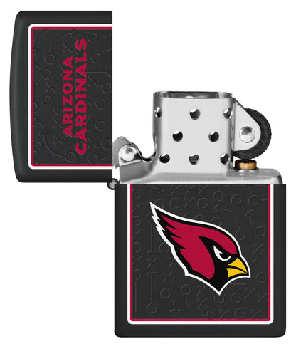 NFL Draft Arizona Cardinals Windproof Lighter with its lid open and unlit.