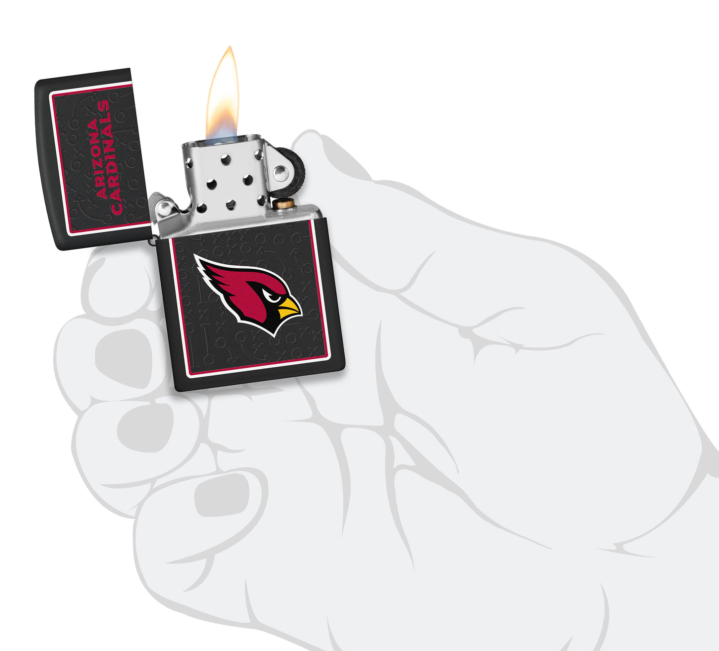 NFL Arizona Cardinals Windproof Lighter lit in hand.