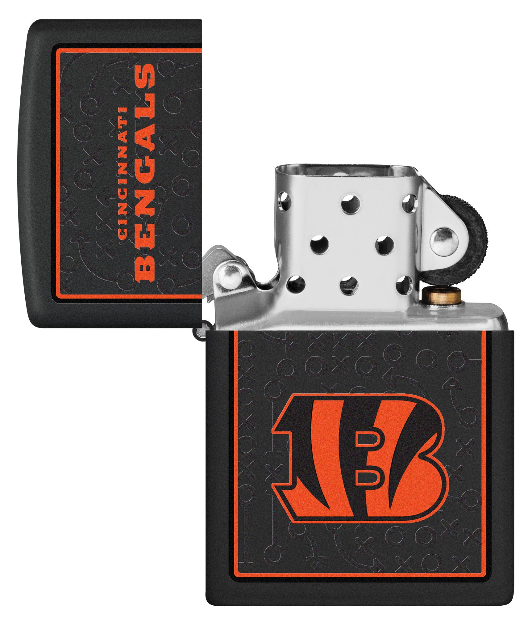 NFL Cincinnati Bengals Windproof Lighter with its lid open and unlit.