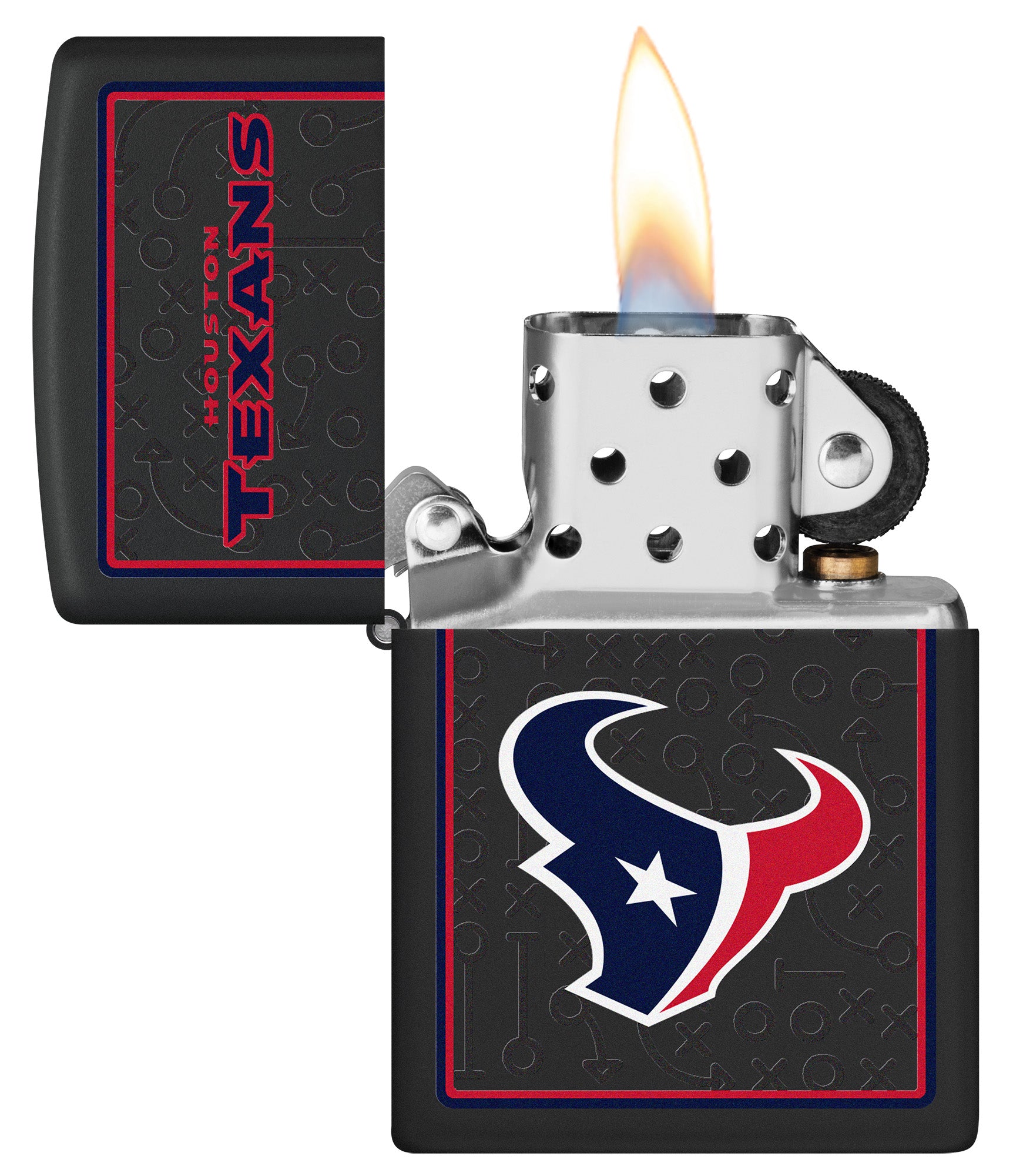 NFL Houston Texans Windproof Lighter lit in hand.
