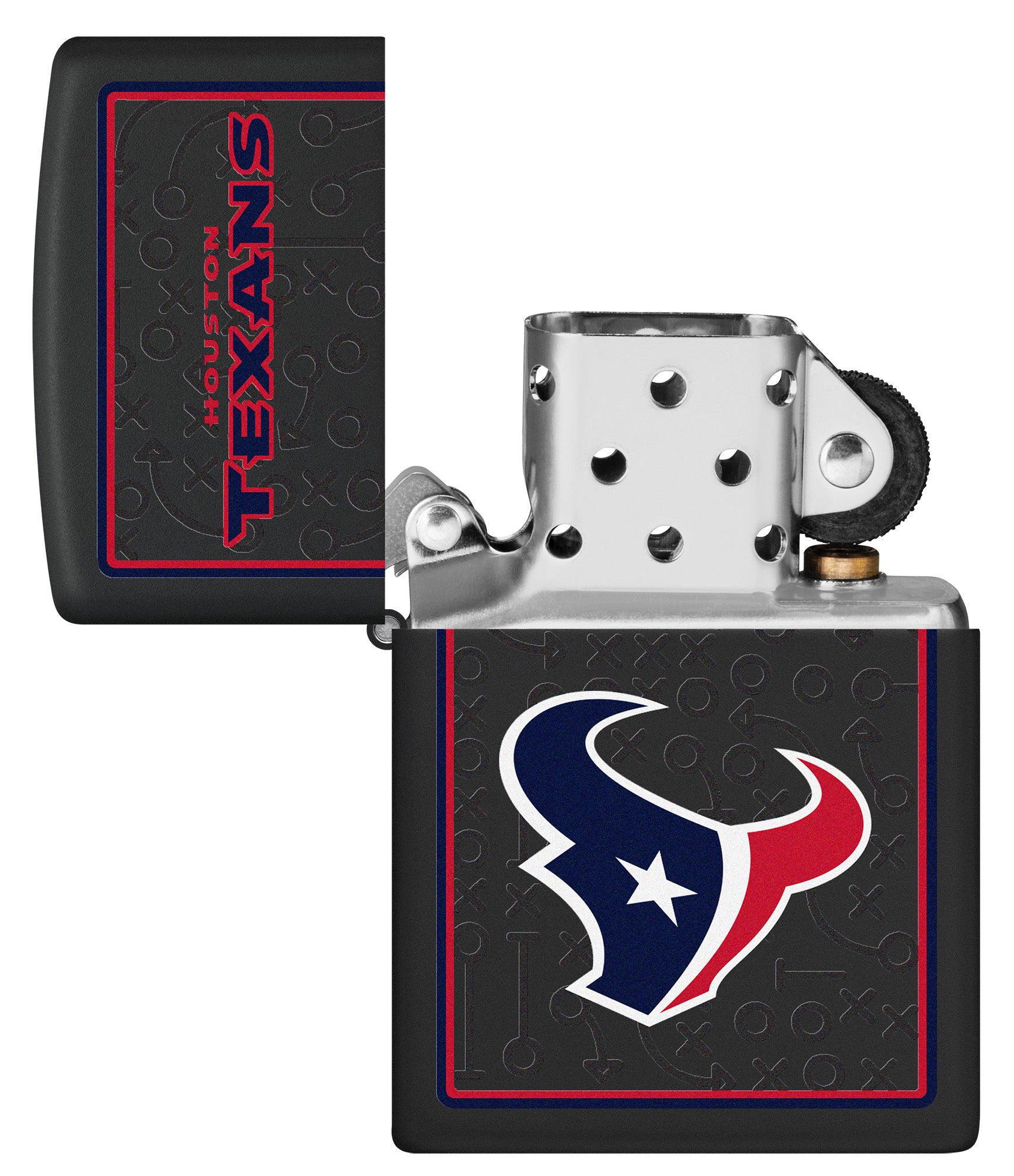 NFL Houston Texans Windproof Lighter with its lid open and unlit.