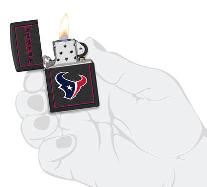 NFL Houston Texans Windproof Lighter with its lid open and lit.