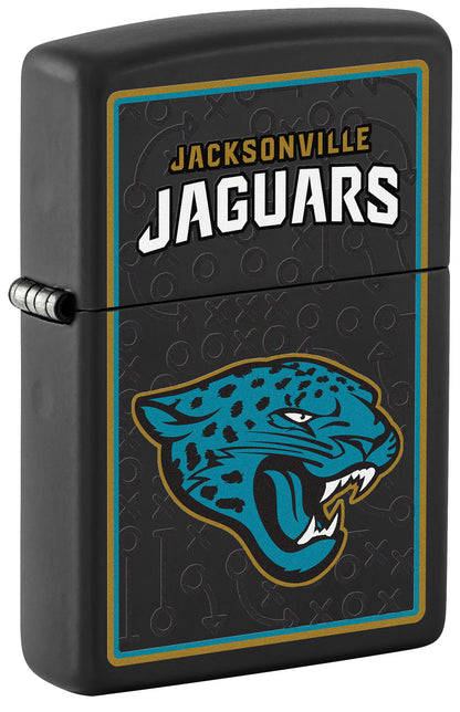 Front shot of NFL Jacksonville Jaguars Windproof Lighter standing at a 3/4 angle.