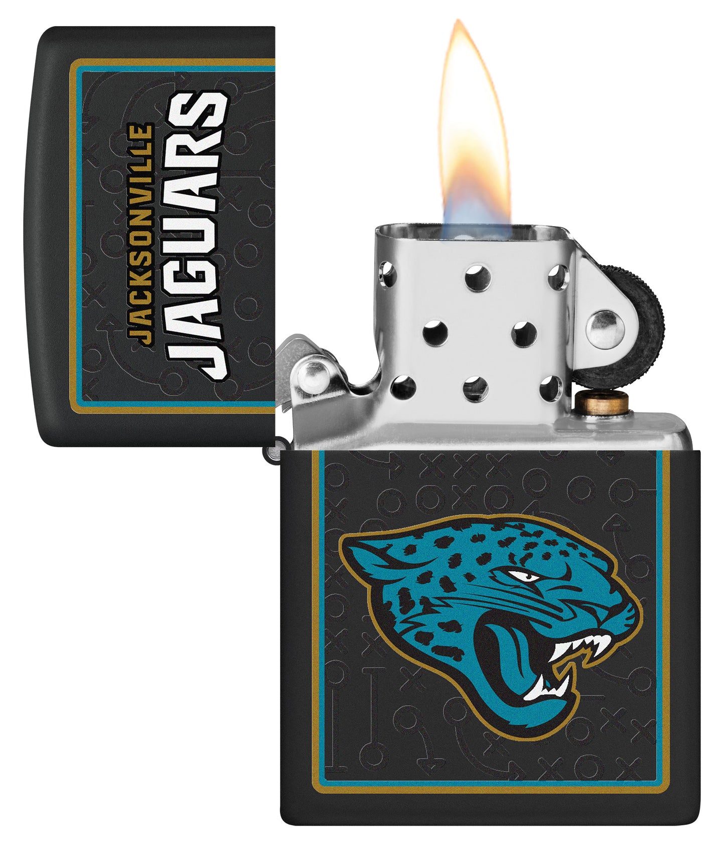 NFL Jacksonville Jaguars Windproof Lighter with its lid open and lit.