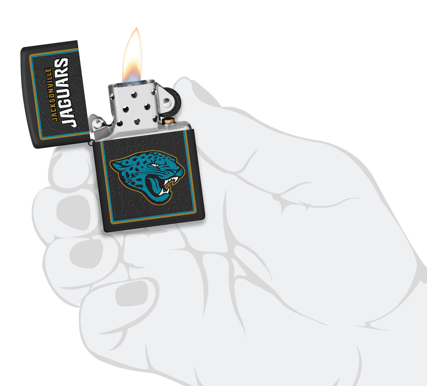 NFL Jacksonville Jaguars Windproof Lighter lit in hand.