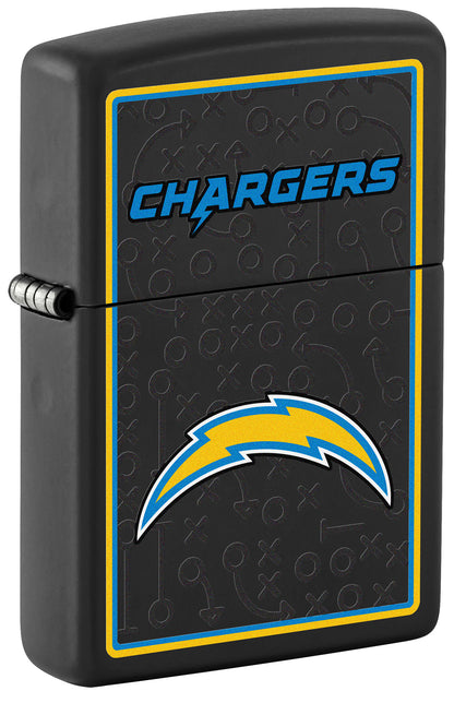 Front shot of NFL Los Angeles Chargers Windproof Lighter standing at a 3/4 angle.