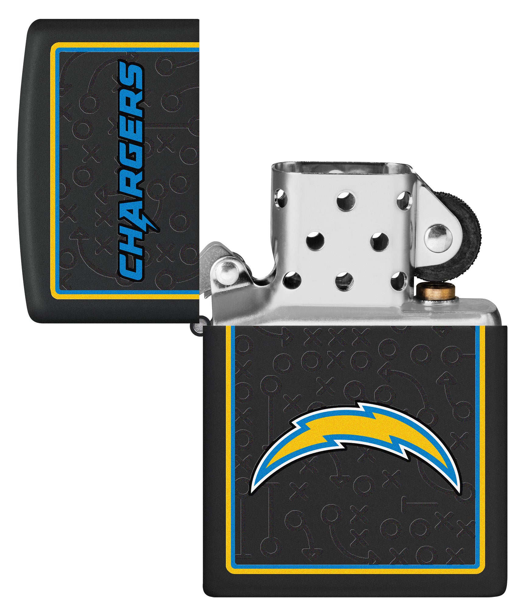 NFL Los Angeles Chargers Windproof Lighter with its lid open and unlit.