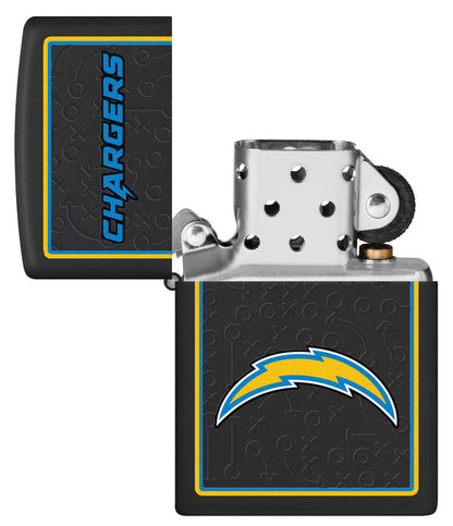 NFL Los Angeles Chargers Windproof Lighter with its lid open and unlit.