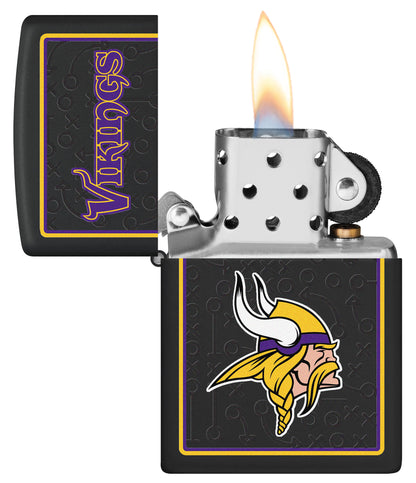 NFL Minnesota Vikings Windproof Lighter with its lid open and lit.