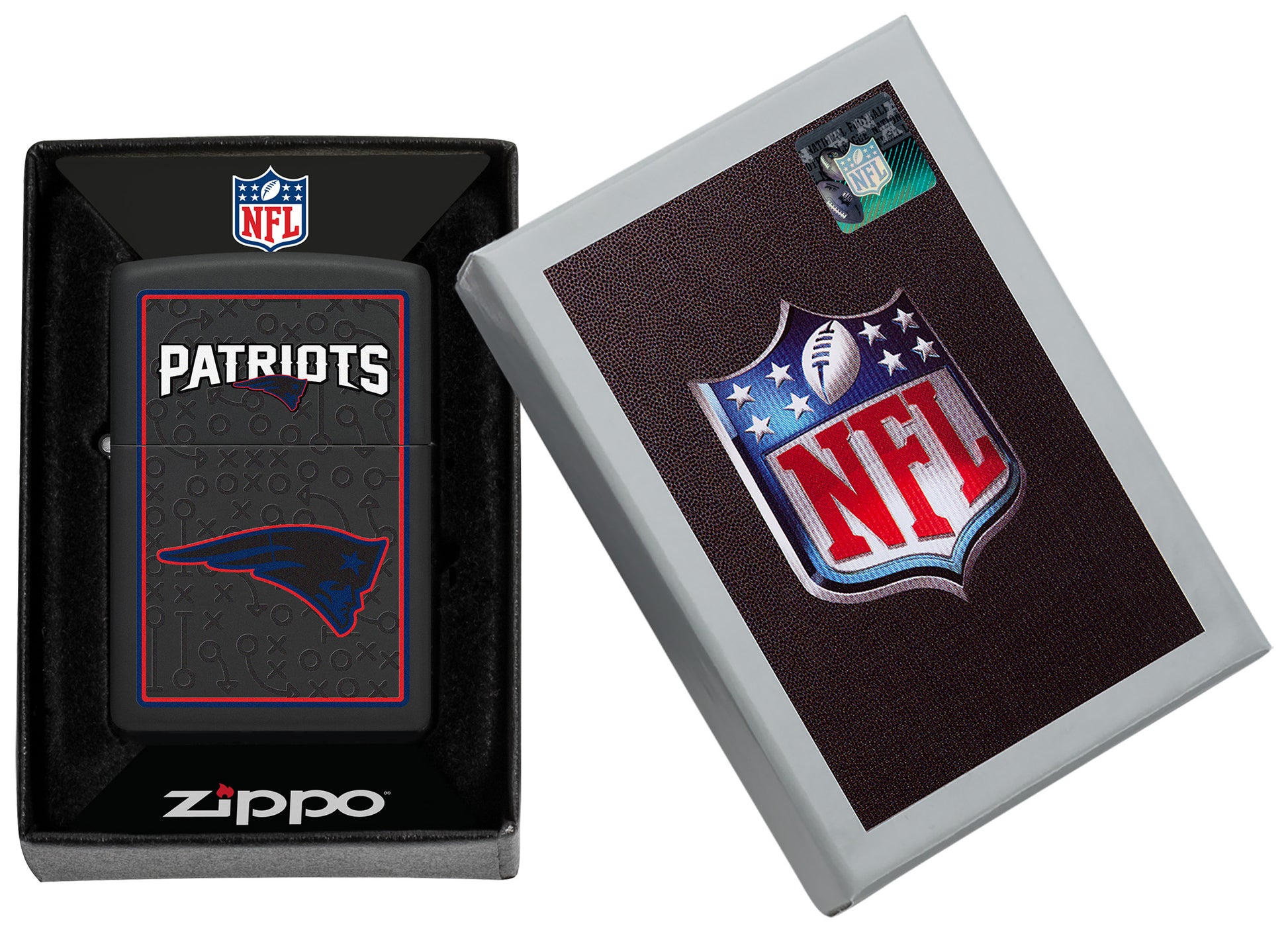 NFL New England Patriots Windproof Lighter in its packaging.