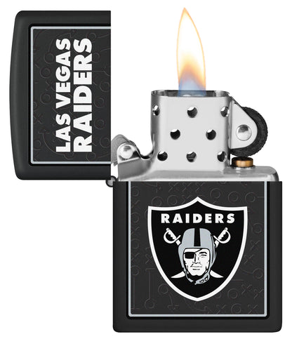 NFL Las Vegas Raiders Windproof Lighter with its lid open and lit.