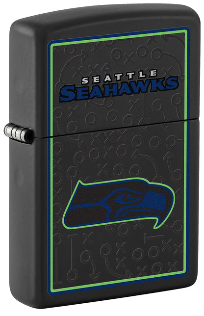 Front shot of NFL Seattle Seahawks Windproof Lighter standing at a 3/4 angle.