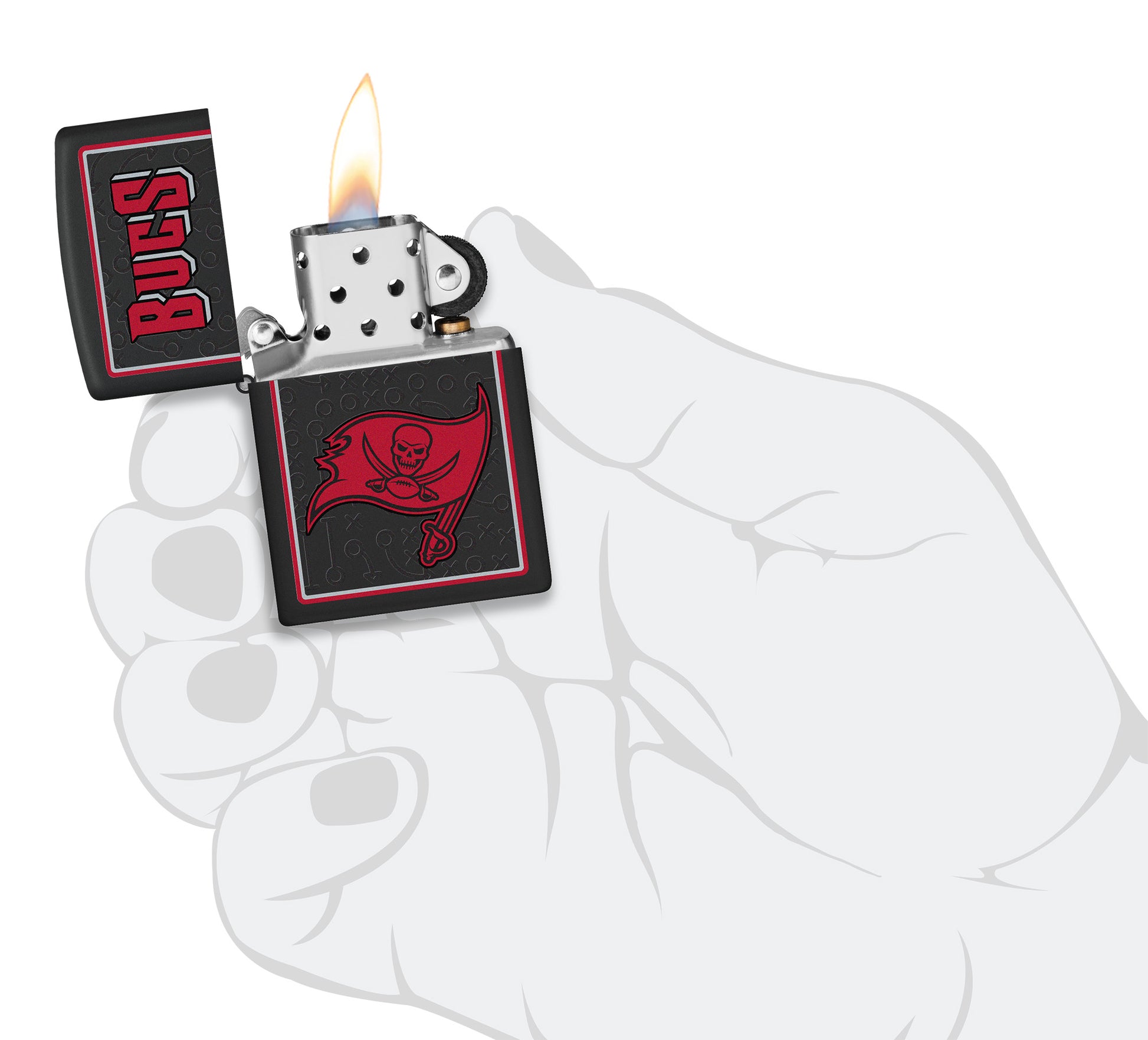 NFL Tampa Bay Buccaneers Windproof Lighter lit in hand.