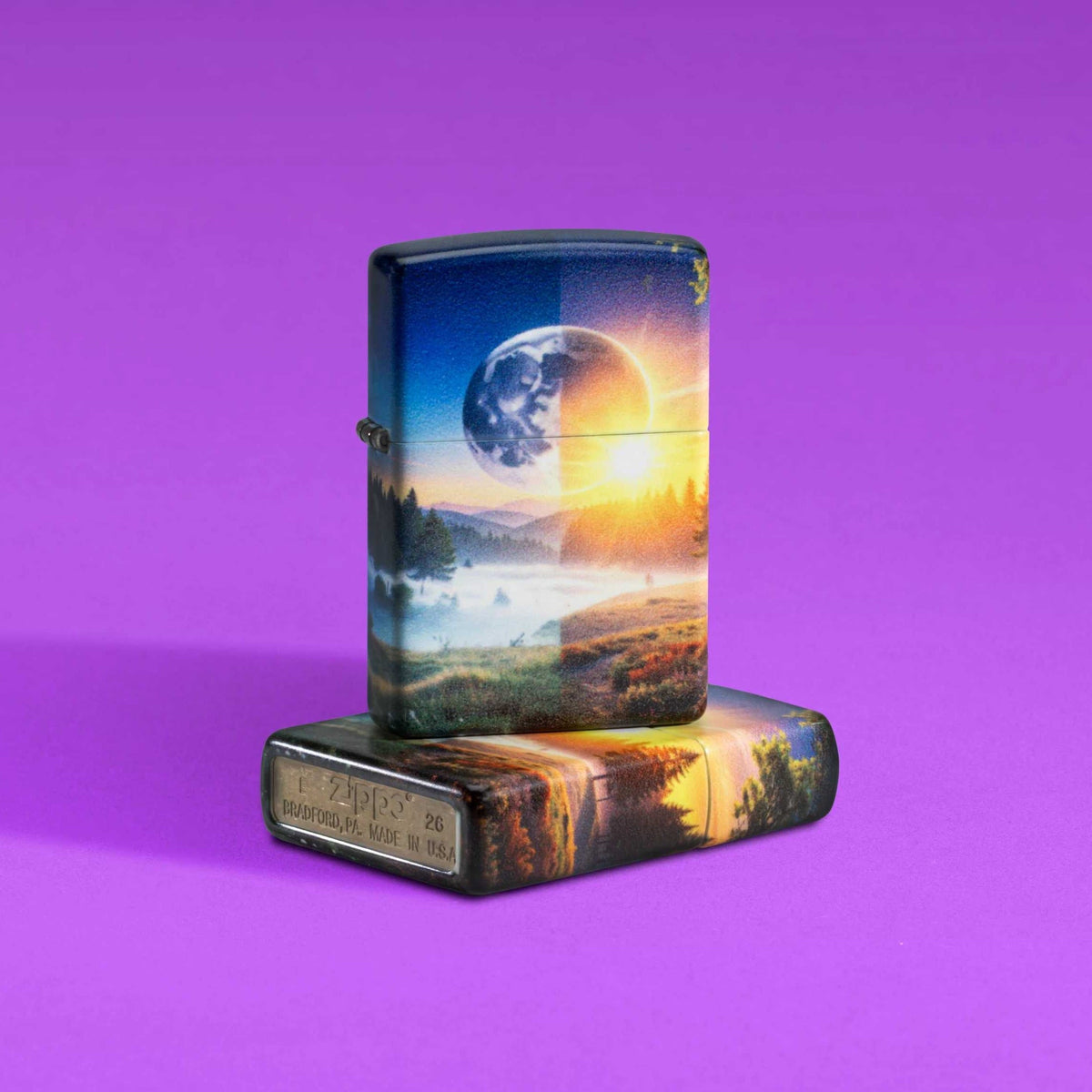 Two SMS Exclusive lighters in front of a purple background
