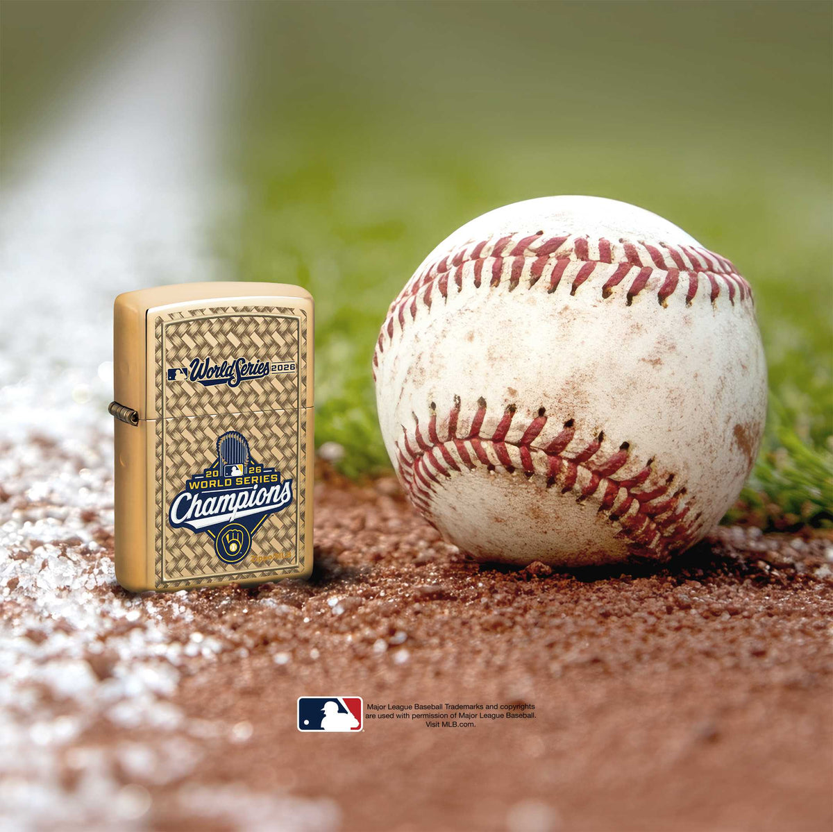 2026 World Series Milwaukee Brewers Zippo lighter on a baseball field next to a baseball.