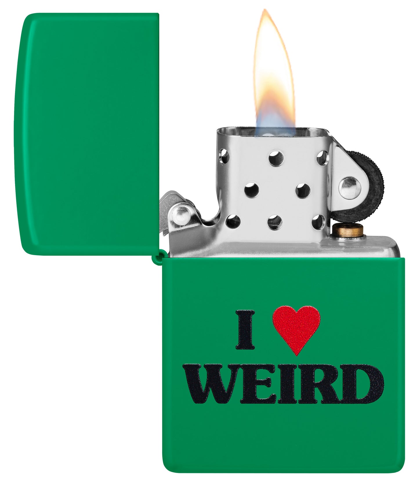 Front view of the Love is Weird Lighters Set Green Matte open and lit
