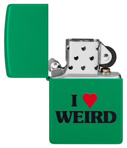 Front view of the Love is Weird Lighters Set Green Matte open and unlit
