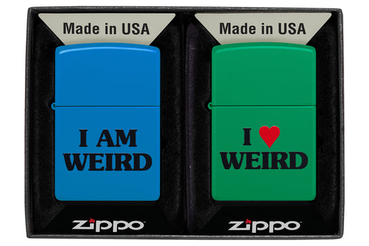 Front view of the Love is Weird Lighters Set of Two in packaging
