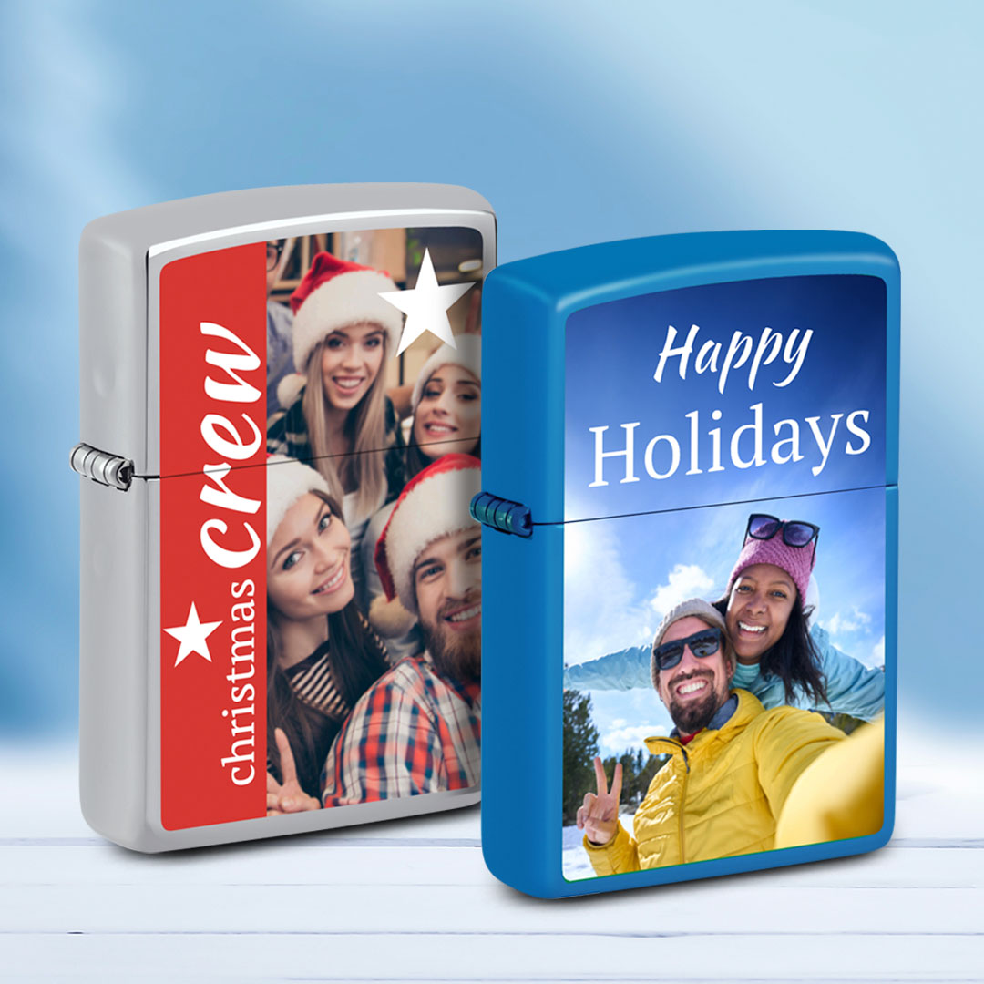 Two personalized lighters with Christmas-themed designs on a blue background