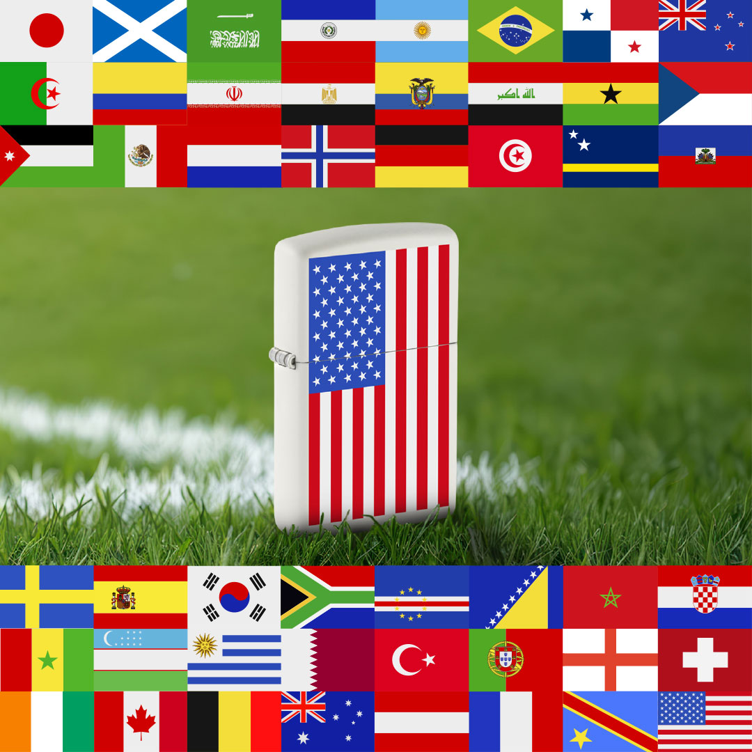 Zippo lighter with American flag design on grass with world flags in the background