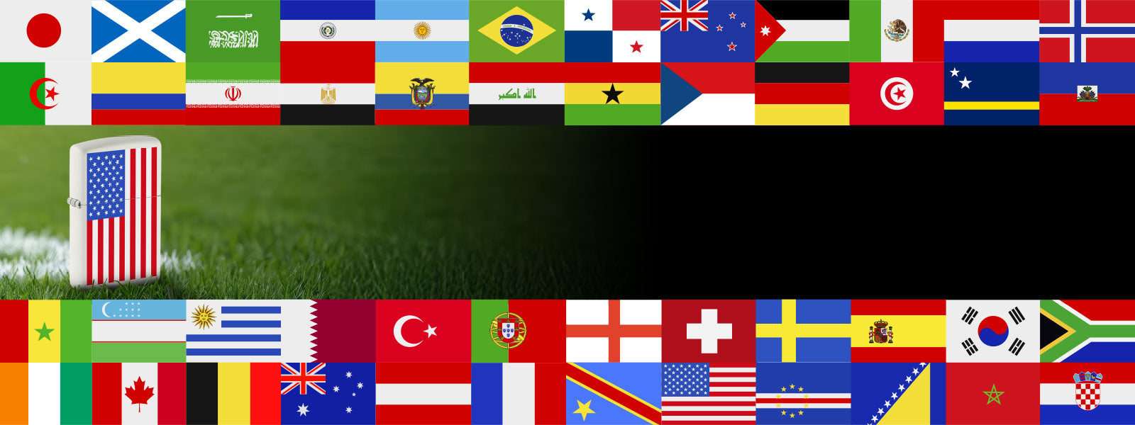 Banner with international flags and a Zippo lighter with an American flag.