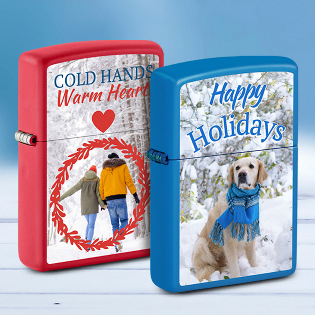 Two lighters with winter-themed designs on a light blue background