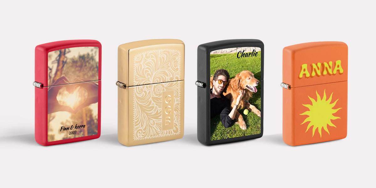 Four custom Zippo lighter cases shown side by side on a light gray background. The cases have different colors and designs: red with a photo print, beige with an engraved floral pattern, black with a photo of a woman and dog, and orange with a yellow sun and the name 'ANNA'.