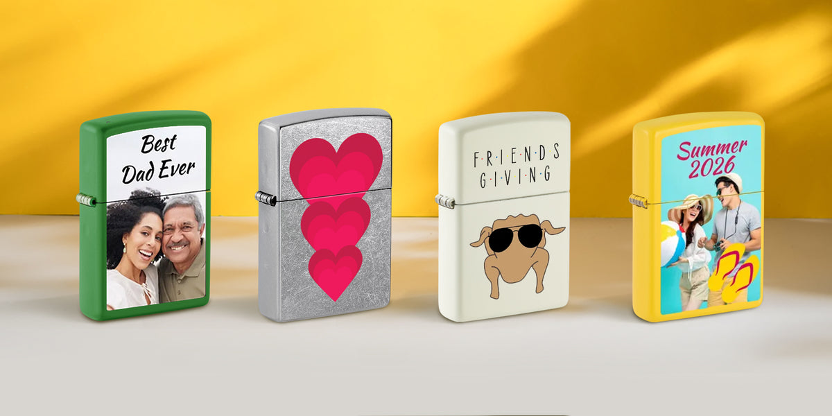 Four customized lighters lined up against a yellow and beige background. The lighters feature different designs: a green one with a 'Best Dad Ever' photo, a silver one with three pink hearts, a cream one with 'FRIENDS GIVING' and a chicken graphic, and a yellow one with 'Summer 2026' and a couple's photo.