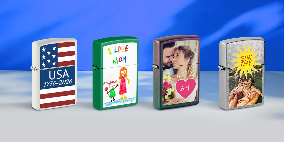 Four custom lighters displayed side by side on a light gray surface against a blue gradient background. The lighters feature different personalized designs: a white one with a red, white, and blue American flag pattern and 'USA 1776-2026' text; a green one with 'I LOVE MOM' and cartoon children; a dark brown one with a couple's photo and a pink heart; and a silver one with a yellow sun and a couple's photo.