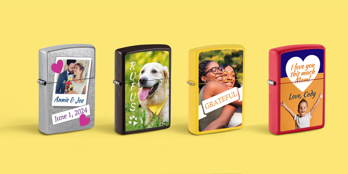Four custom lighters with different photo prints and colorful borders, displayed side-by-side on a solid yellow background.