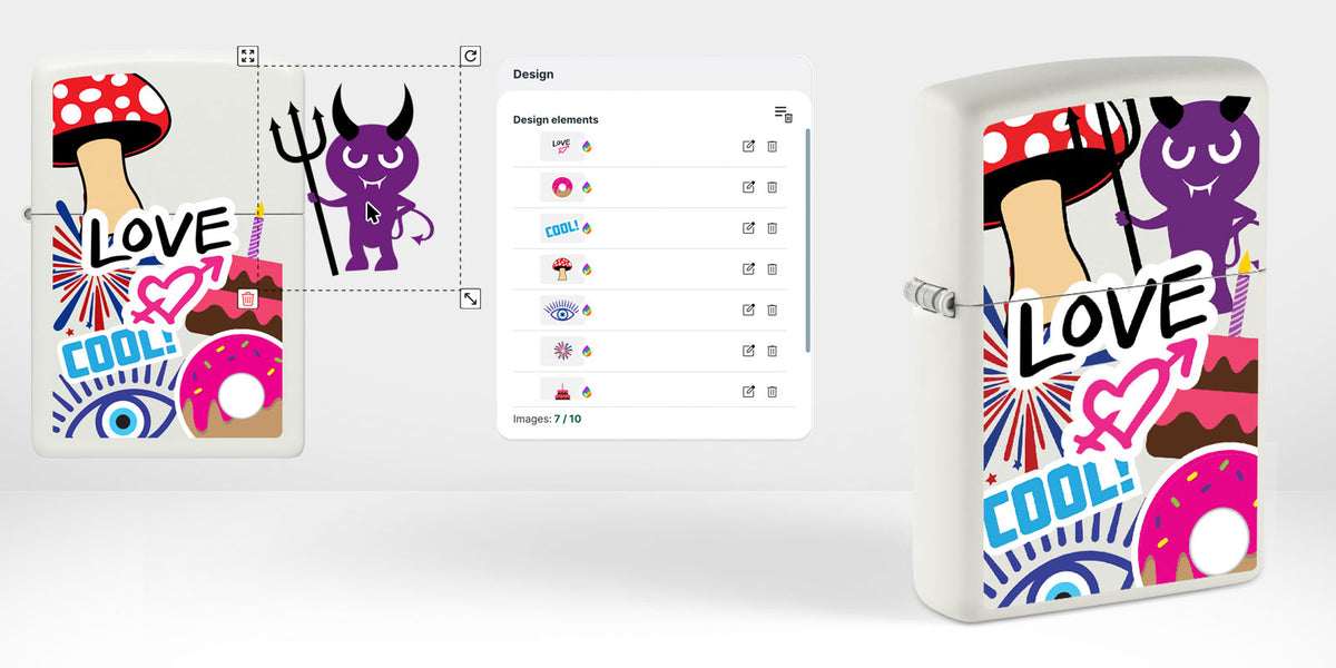 A lighter being designed with free graphic elements in the customizer. The artwork includes a red-and-white mushroom, a purple devil character, and the words LOVE and COOL with pink, blue, and orange accents.