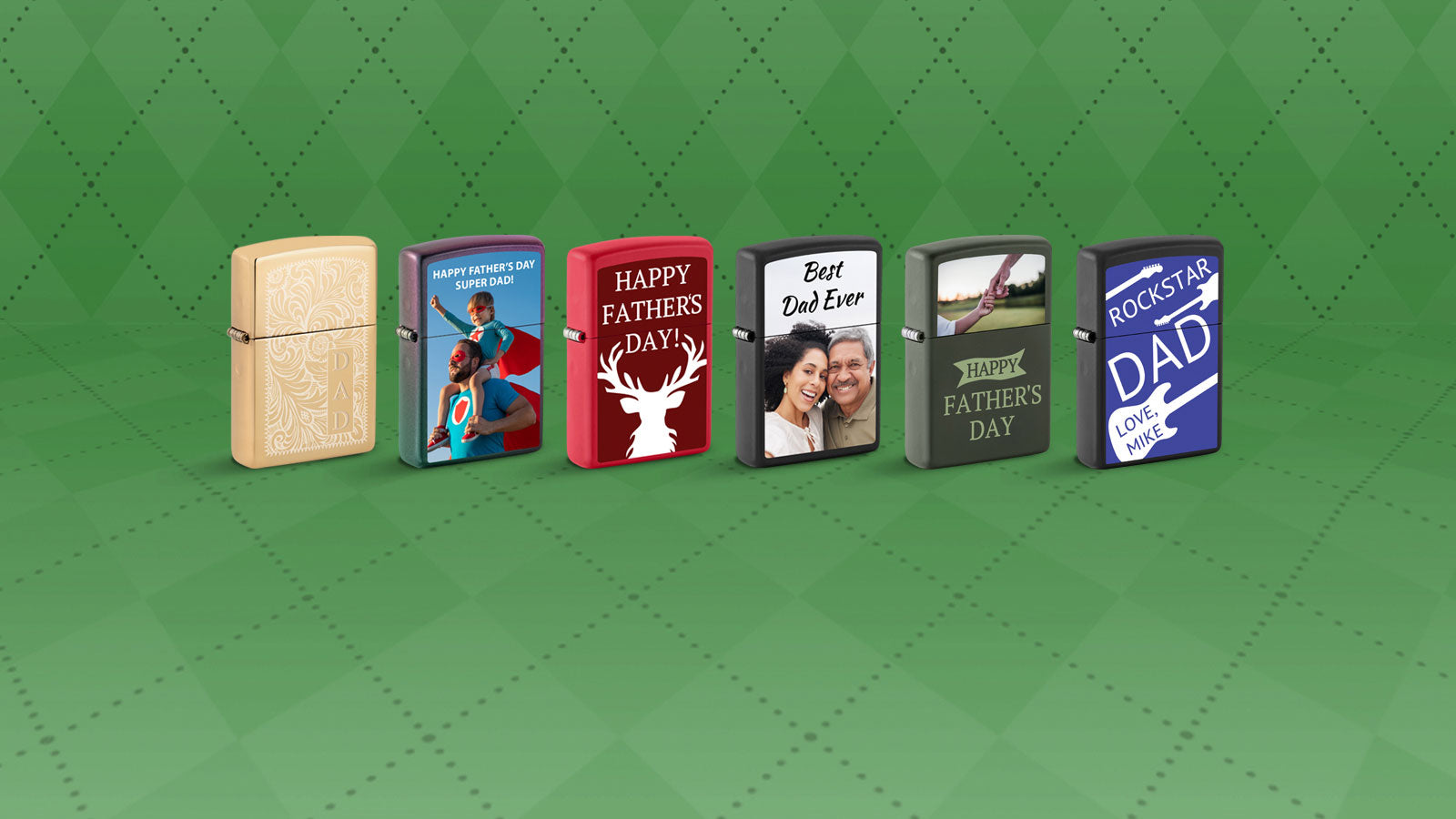 Six customized lighters with Father's Day themes.