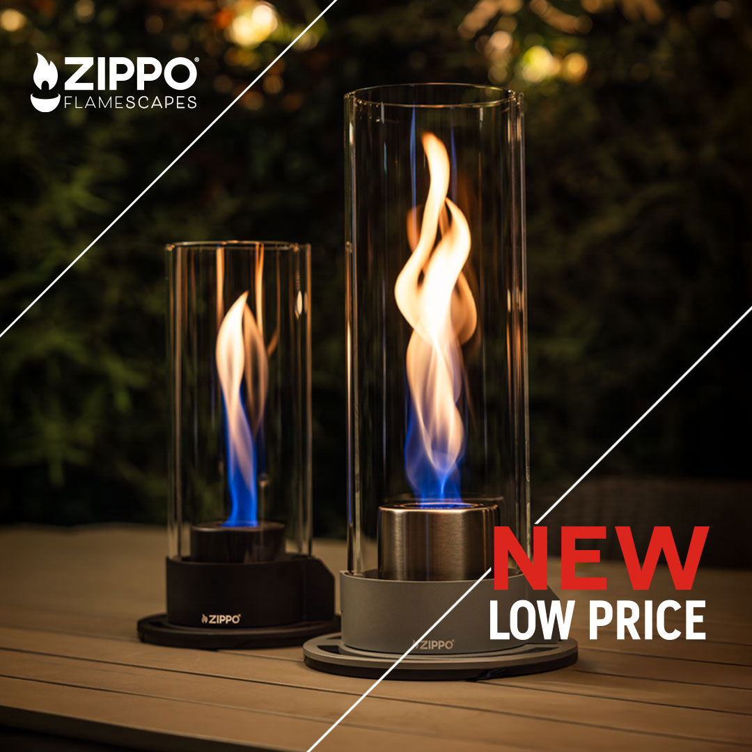 Zippo FlameScapes outdoor lighting fixtures with flames on a wooden surface.
