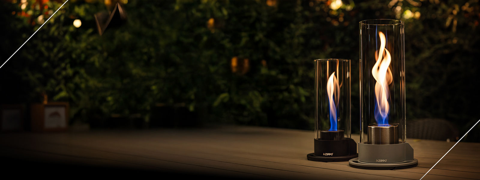 Two Zippo FlameScapes®  on a patio table.